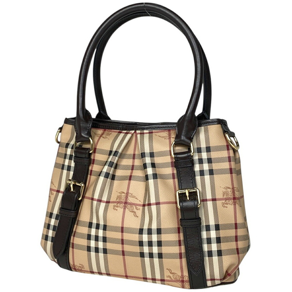 Burberry Check Handbag Shoulder Bag Canvas Beige Brown